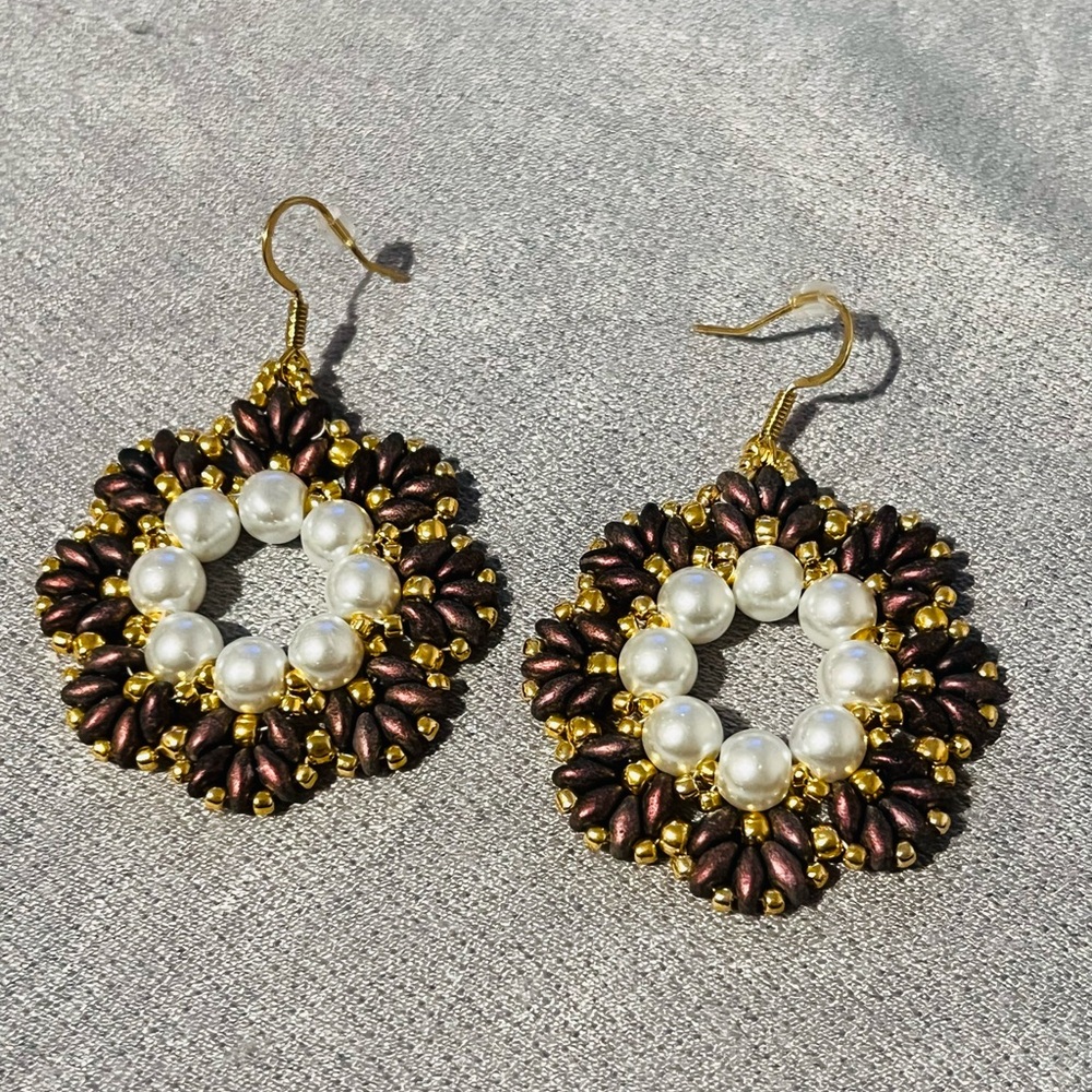 Elegant Gold and Purple Handmade Beaded Earrings